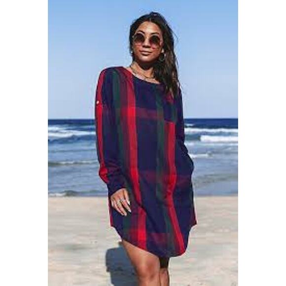 NWT Cupshe Blue Red Green Plaid Long Sleeve To Knee Pullover Shirt Dress Size L - Picture 1 of 10